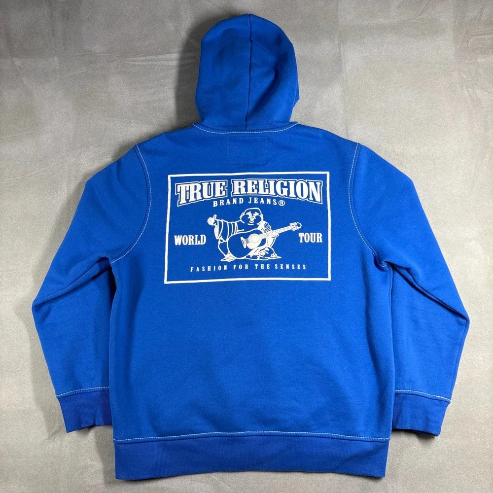 True Religion Mens Blue World Tour Buddha Zip Up Hoodie XL Contrast Stitch